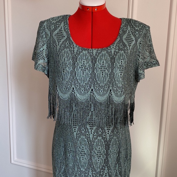 Vintage CARTISE Dress, Silver Crochet Knit, Maxi, Fringe, Black Lining, (US M) - Picture 3 of 16